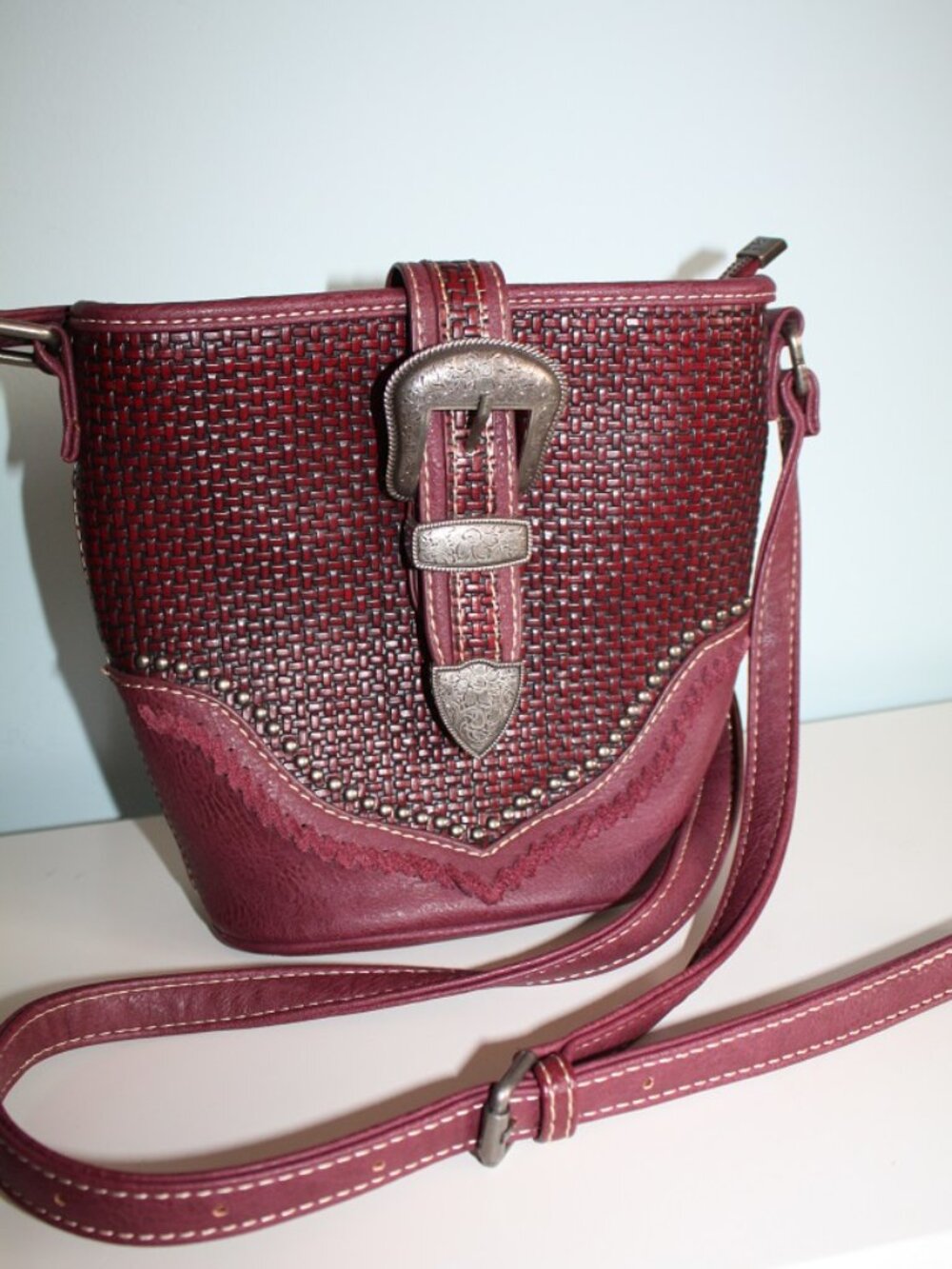 Trinity Ranch Montana West Red Basketweave Leather Silver Studded Buckle Handbag